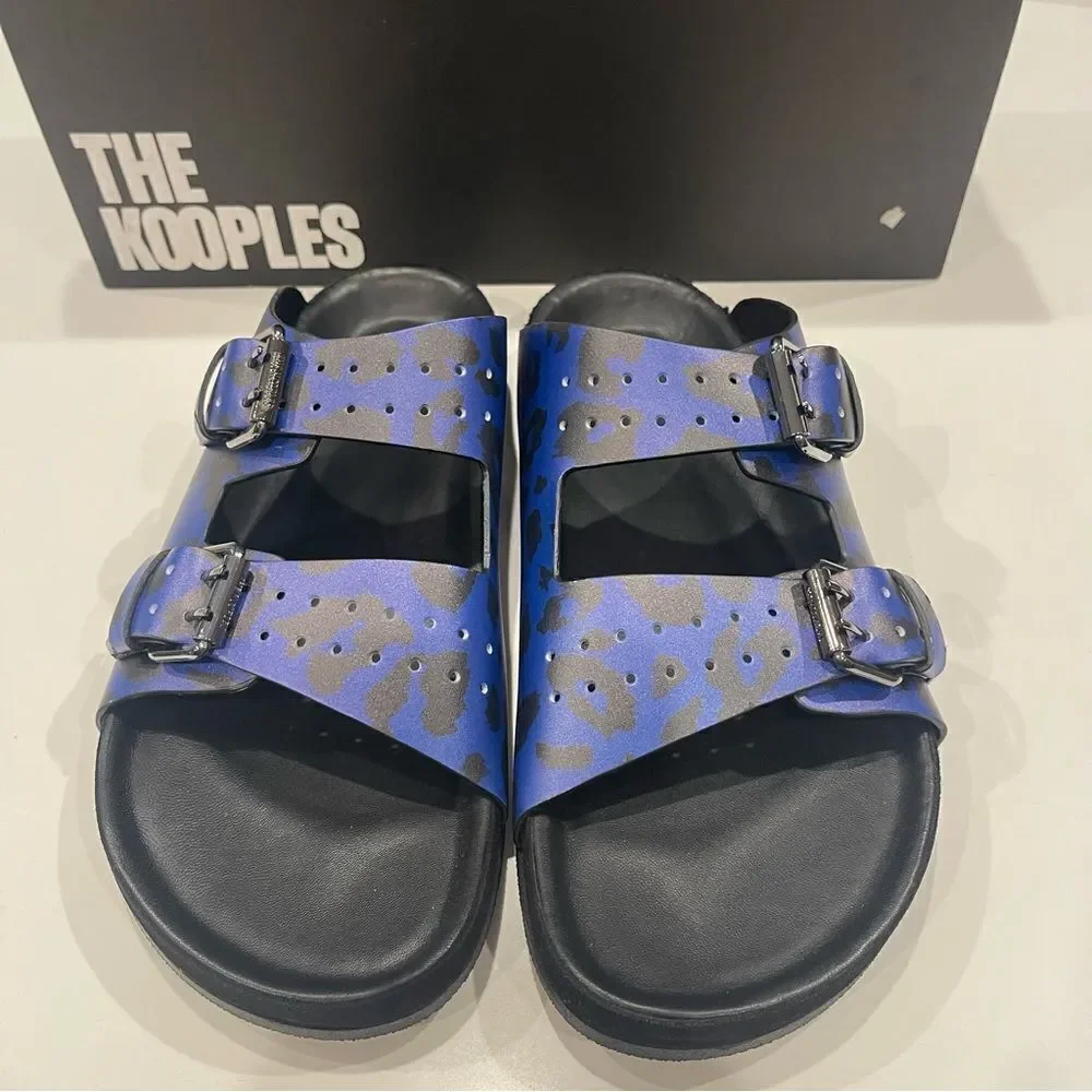 THE KOOPLES BLUE LEATHER LEOPARD-PRINT SANDALS NIB size 41